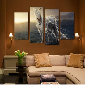 

4 Pane Running White Horse Wall Print Painting Canvas Large Art HD animal Picture Home Decoration For Living Room