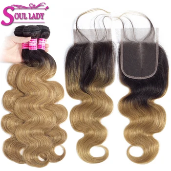 

Soul Lady Ombre Brazilian Body Wave 3 Bundles With Closure Ombre Human Hair Bundles With Closure 1B/27 Non Remy Hair Extensions
