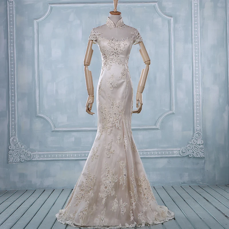 

see through back 2015 long lace mermaid wedding dress mandarin collar beading crystal bride dresses robe de mariage vestidos