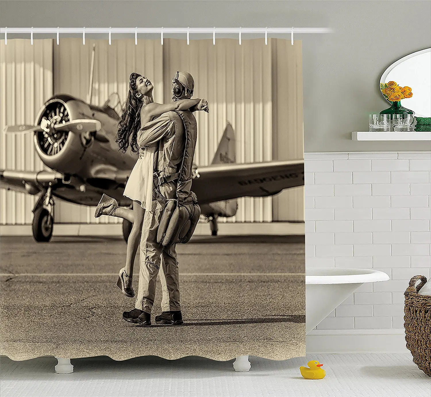 Vintage Airplane Decor Shower Curtain Young Woman Hugging a