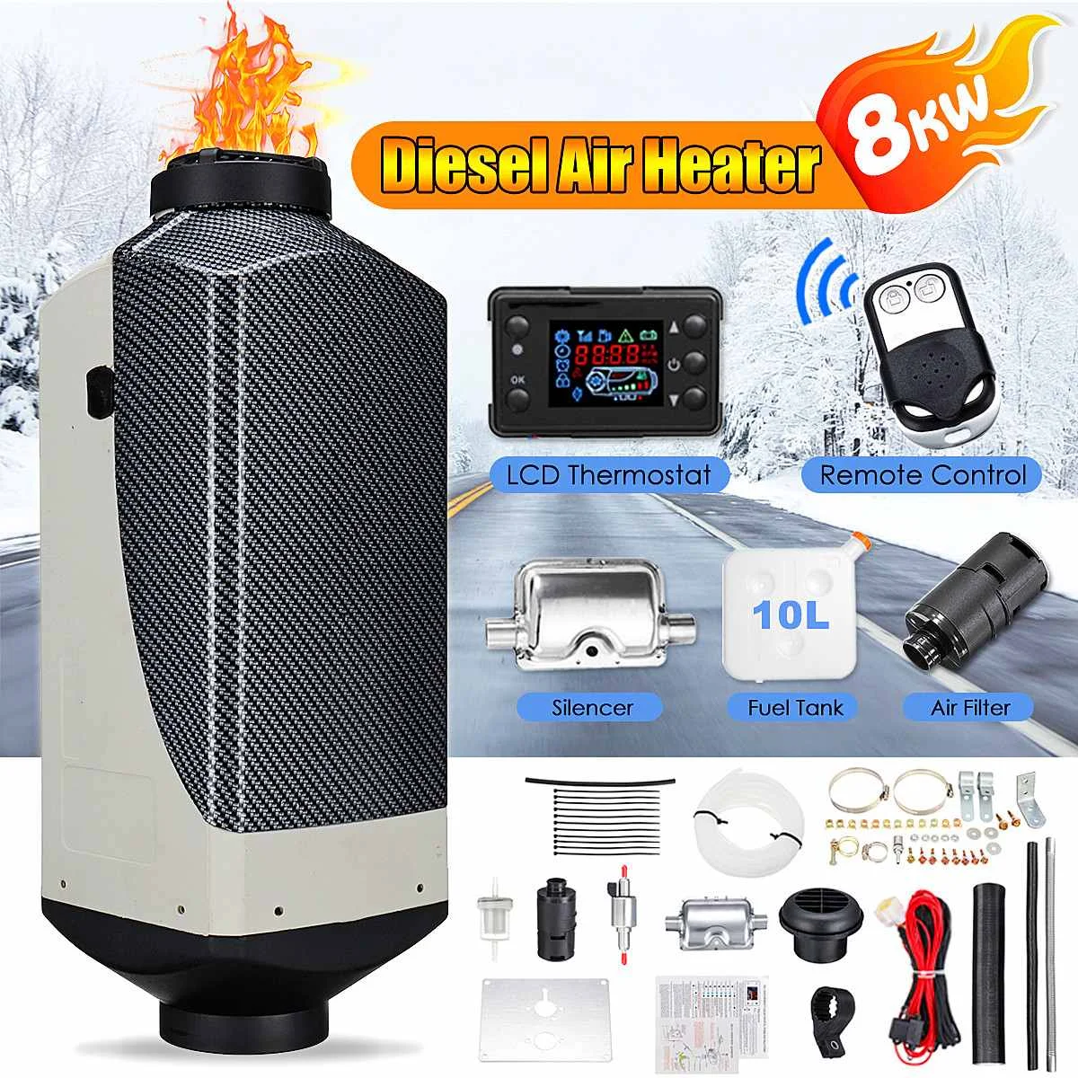 

12V 8KW Car Heater Diesel Air Heater Car Parking Heater LCD Monitor Switch Remote Control + Silencer for Trucks Bus Trailer Boat