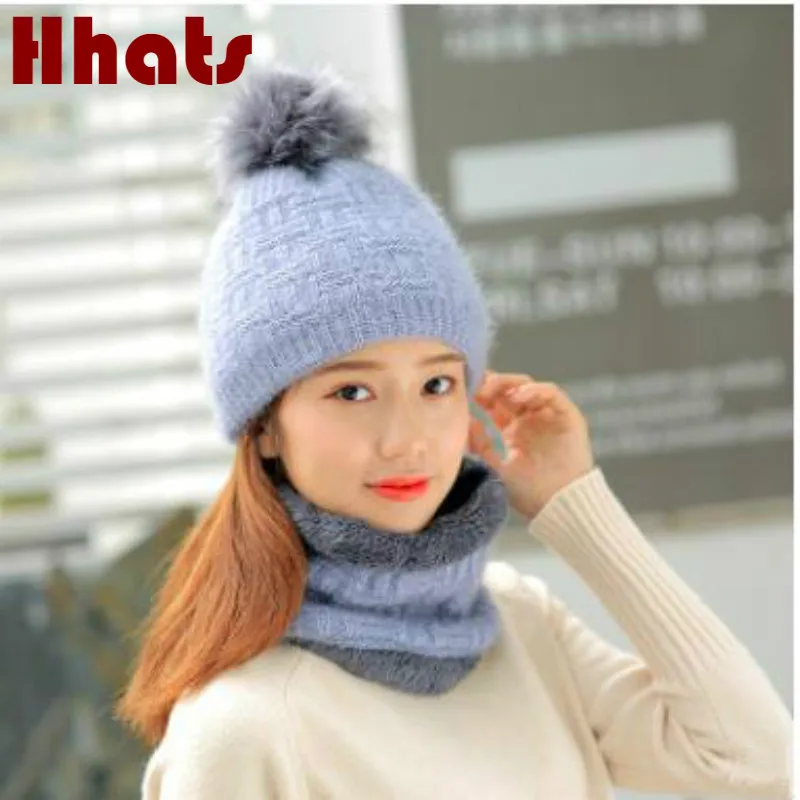 Которая в душе, женская шапка из искусственного меха с помпоном, Толстая теплая зимняя шапка, шарф, набор, женская вязаная шапка с флисовой подкладкой, комплект с нагрудником, меховая женская шапочка