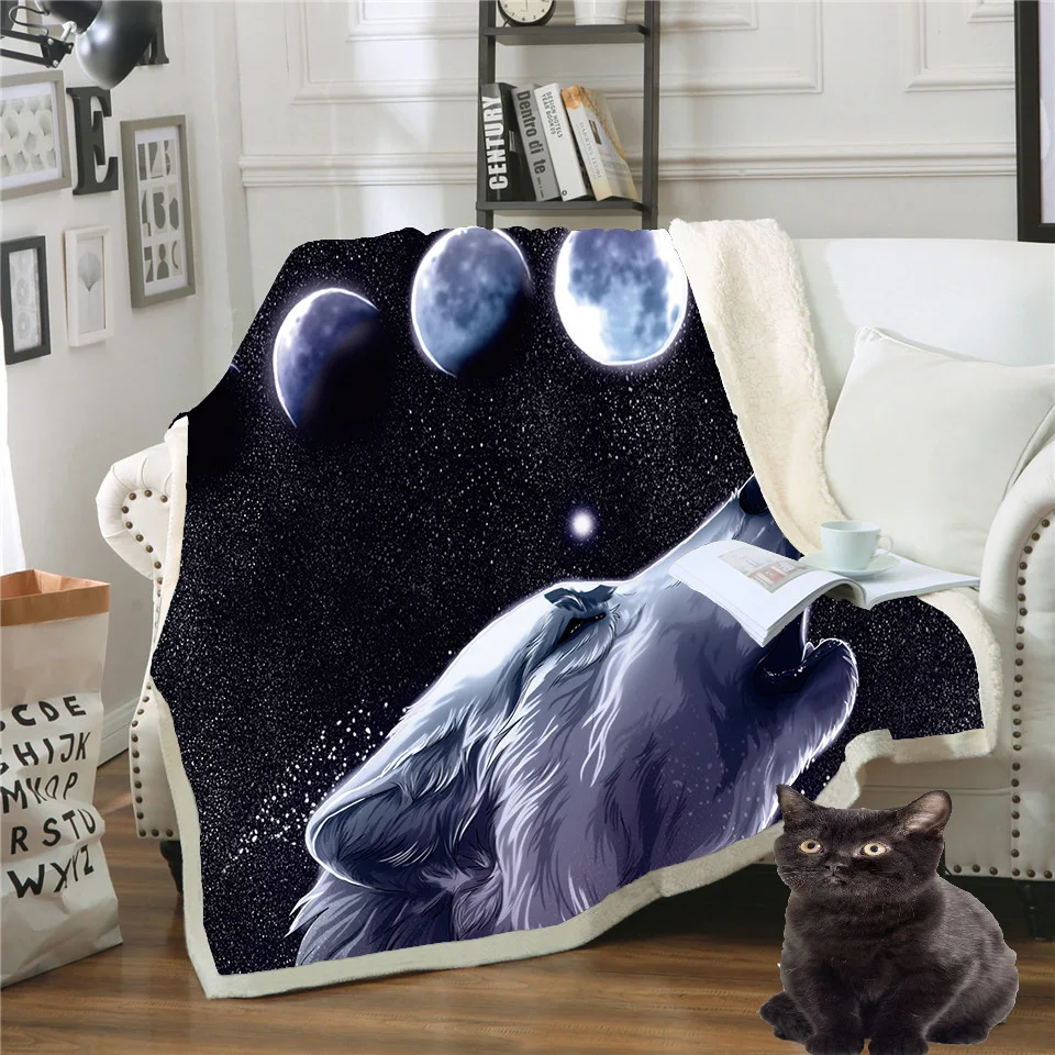 Fashionable Sherpa Throw Blanket Black Wolf Art Painting Bed Blankets
