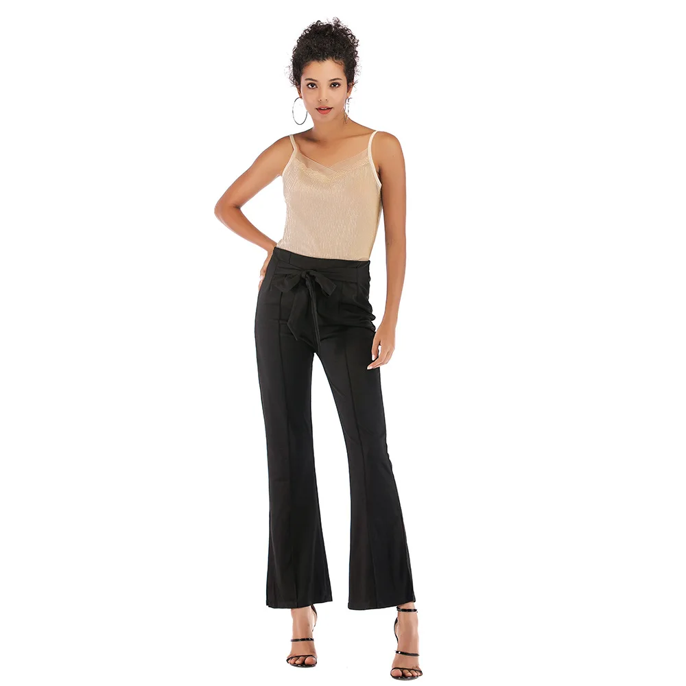 

Ladies High Waist Slim Drooping Flared Pants Women's Leg Opening Split Black Pants Elastic Waist Lace Up Casual Sashes Trousers
