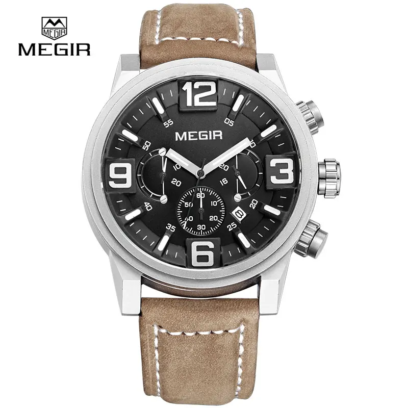 Prix pour Megir marque de luxe montre de sport hommes montres à quartz chronographe grand cadran horloge en cuir soldat montre-bracelet masculino Prix pour Megir marque de luxe montre de sport hommes montres à quartz chronographe grand cadran horloge en cuir soldat montre-bracelet masculino