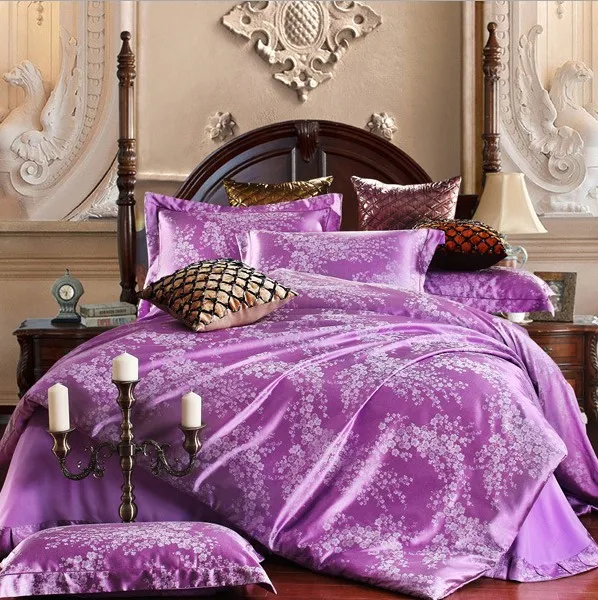 

Luxury Satin purple Jacquard Bedding Sets bedclothes quilt / duvet cover comforter set bed linen bedsheet Queen size 4pcs