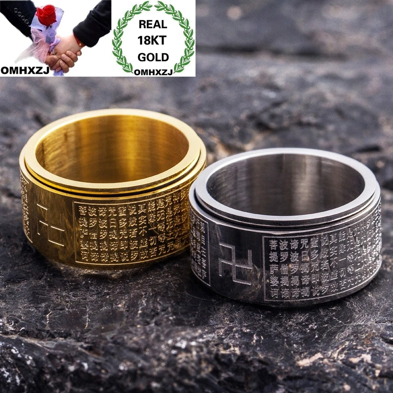 

OMHXZJ Wholesale European Fashion Woman Man Unisex Party Birthday Wedding Gift Vintage XINJING Words Wide 18KT Gold Ring RR968