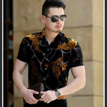 Летние роскошные мужские прозрачные повседневные шелковые рубашки Леопардовый цветок печати прозрачный сексуальный тонкий узкий, с короткими рукавами платье рубашка