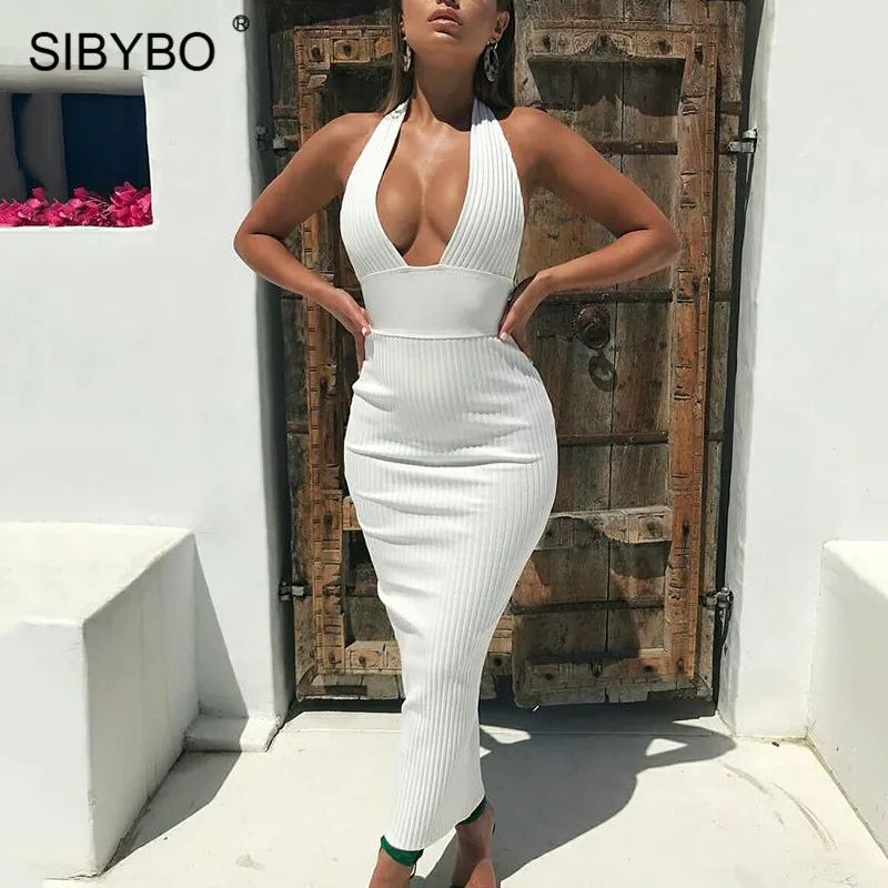 Sibybo летнее женское платье с глубоким v-образным вырезом, без рукавов, с открытой спиной, сексуальное облегающее платье, пляжная одежда, Клубные вечерние женские платья