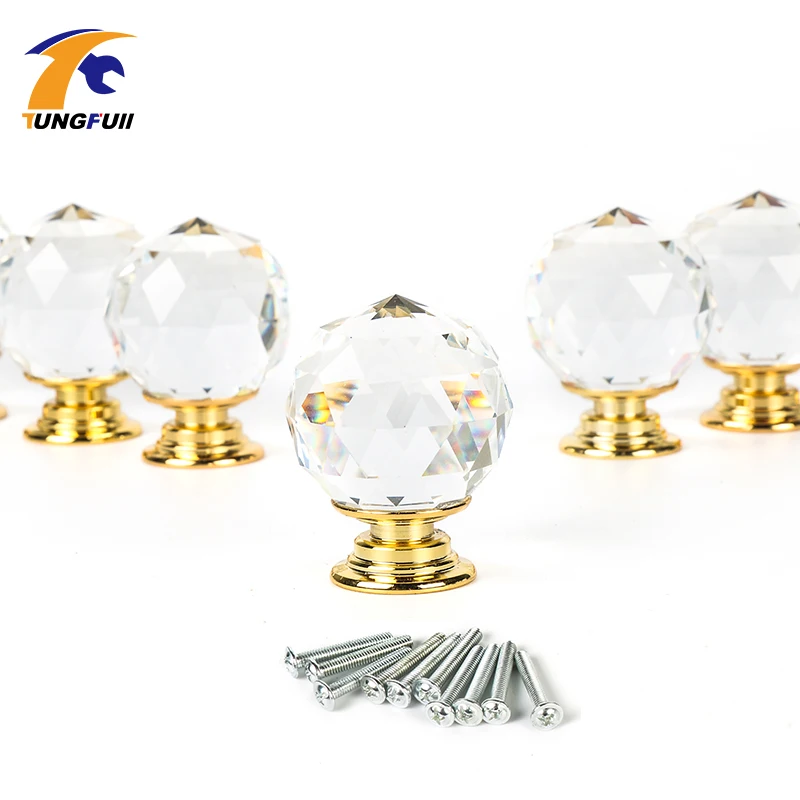 10pcs/set Clear Crystal Glass Door Knobs Diamond Drawer Cabinet Wardrobe Pull Handle Knobs Furniture Kitchen on Gold Base