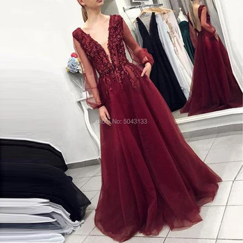 

Sexy Deep V Neck Beading Prom Dresses 2020 Illusion Long Sleeves A Line Burgundy Prom Evening Gowns Long Tulle Vestido de Festa