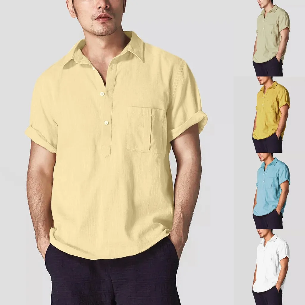 

2019 Men's Tops Loose Cotton Blend Solid Color Short Sleeve Vintage Pocket Lapel Shirt Top 7.18