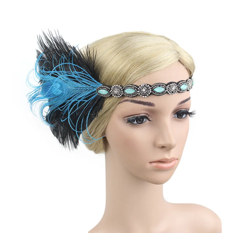 Винтажные Аксессуары для взрослых волос, Ревущие 20s Great Gatsby вечерние головные уборы, 1920s Хлопушки для девочек, ободок с перьями павлина - Цвет: turquoise