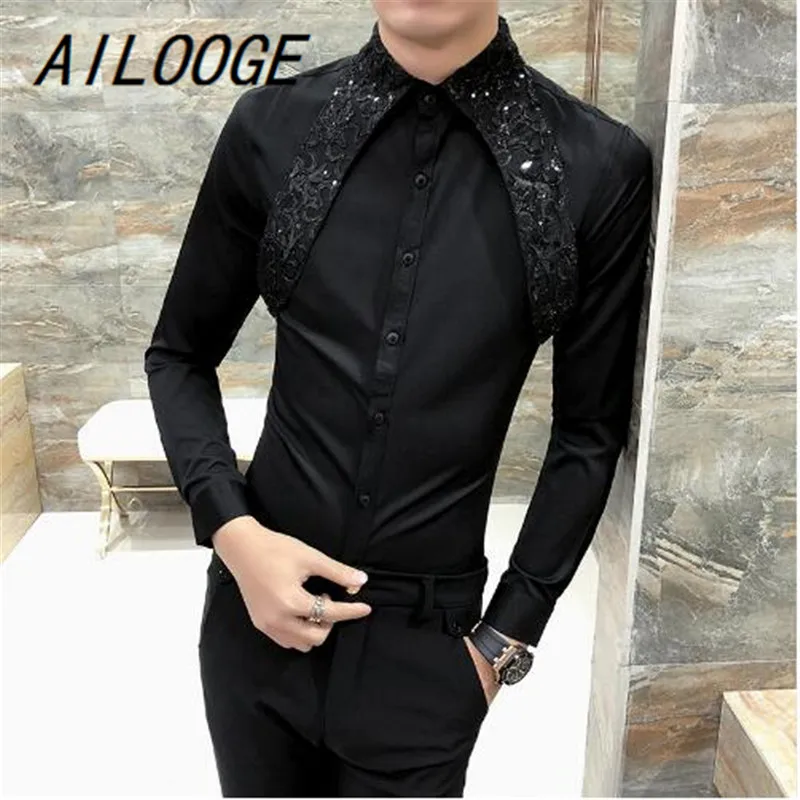 AILOOGE Высококачественная Корейская рубашка мужская мода весна лето сексуальные кружевные мужские рубашки с длинным рукавом Ночной клуб певица костюм рубашка