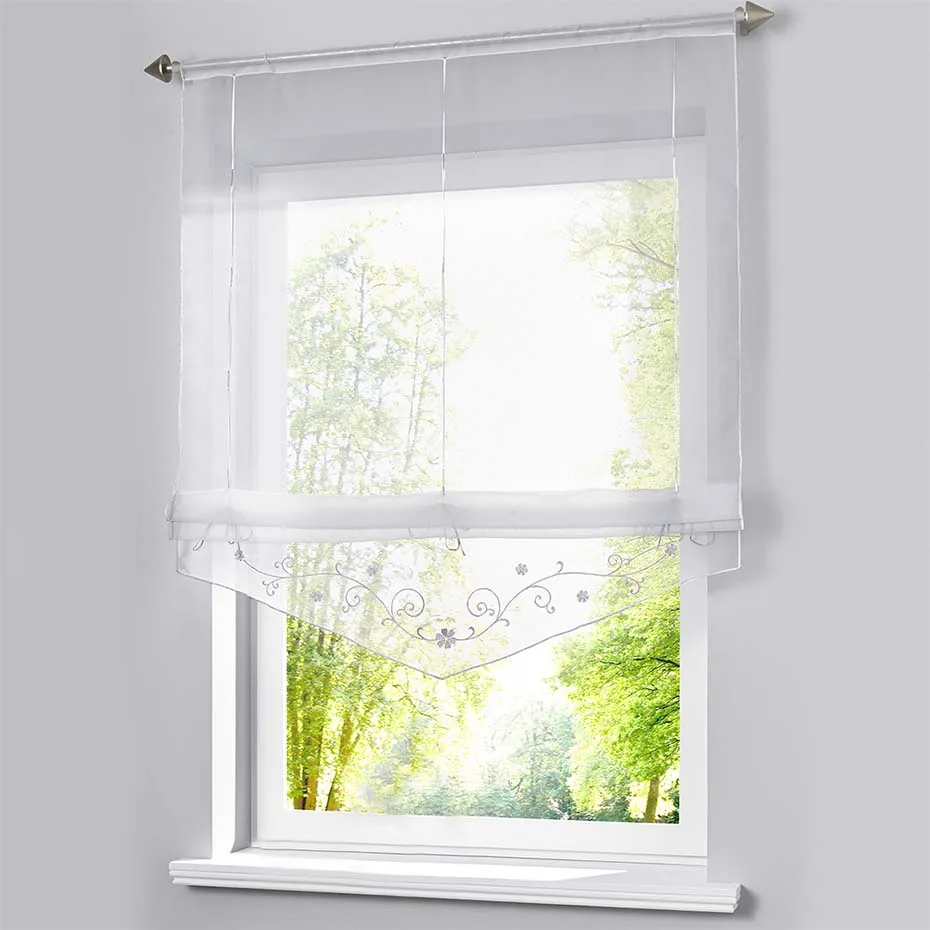Римская занавеска с цветочным принтом, прозрачная занавеска для окна для кухни, гостиной, прозрачная панель из вуали, 1 шт./лот, с ленточным ремнем