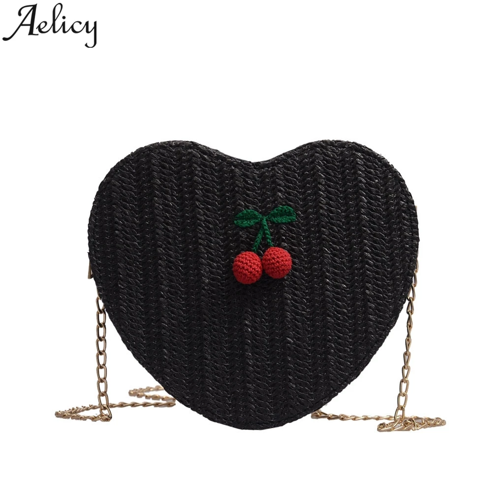 

Aelicy Fashion Cherry Accessories Solid Color Summer Beach Bag Love Straw Bags Bohemian Shoulder Messenger Bag