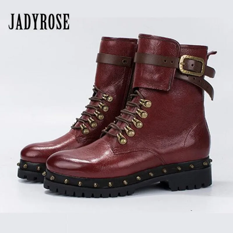 

Jady Rose 2019 New Rivets Studded Women Ankle Boots Punk Style Lace Up Autumn Winter High Boots Female Platform Botas Mujer