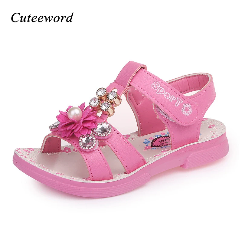 

Children's Sandals Leather Shoes for Girls 2018 Summer Fashion Child Pearl Beach Sandals Flowers Pink Girls Princess Sandal