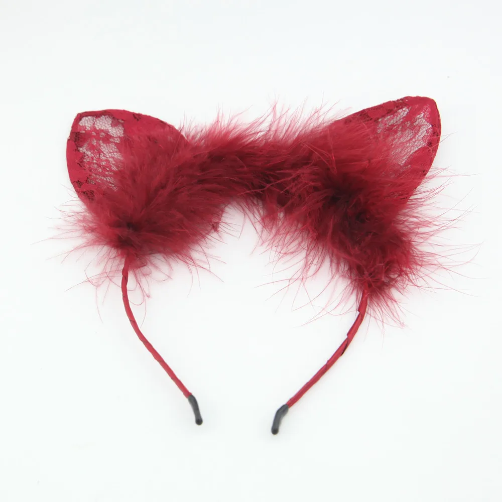 Модная Милая меховая кружевная лента для волос с кошачьими ушками, однотонный головной убор для Хеллоуина, аксессуары для волос для девочек и женщин - Цвет: Burgundy