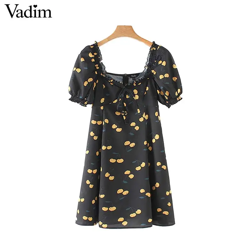 Vadim retro cherry print mini dress bow tie square collar short sleeve casual A line female vintage dresses vestidos QB536 | Женская