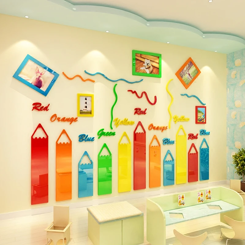 3338 45 De Réductioncrayons De Couleur Dessin Animé 3d Acrylique Stickers Muraux Pour Enfants Chambre Salon Maternelle Cadre Décoration Bricolage
