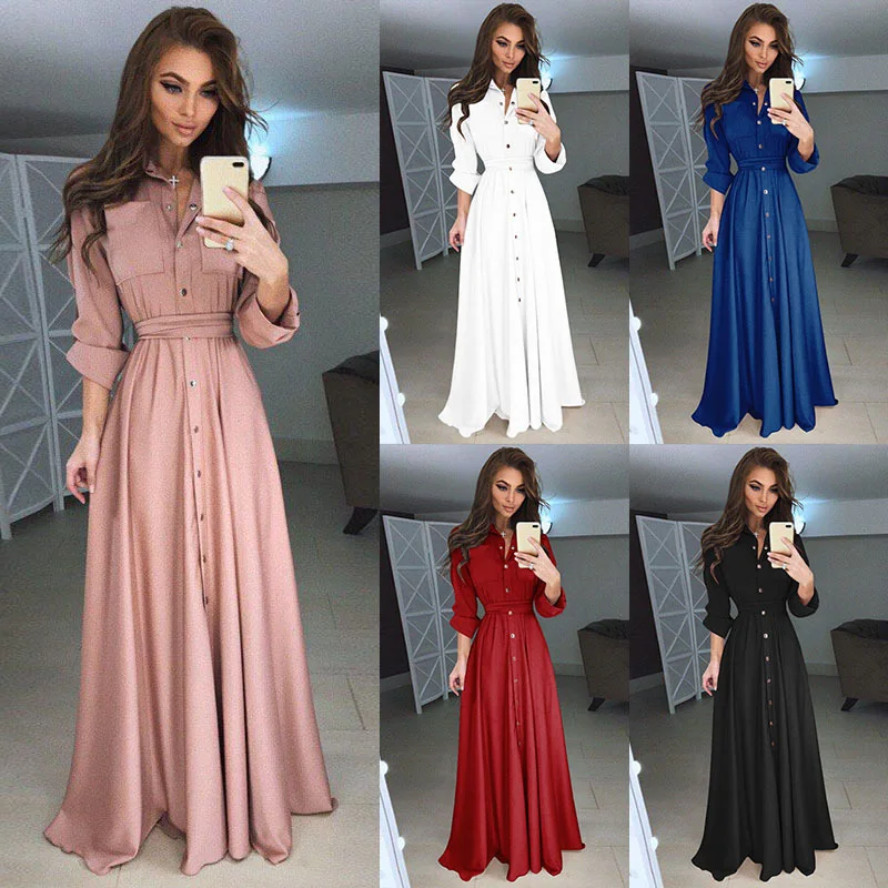 

Elegant Lady Maxi Long Shirt Dress 2019 Spring Fashion Long Sleeve Belt Solid Casual Slim Vestidos Floor Length Party Dresses