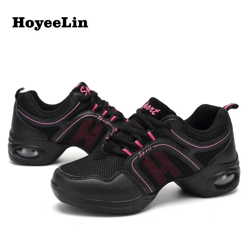 HoYeeLin с квадратным каблуком в стиле джаз современные танцевальные кроссовки Для женщин Женский, сетчатый мягкая подошва в стиле «хип-хоп» Фитнес Танцы спортивная обувь кроссовки - Цвет: Black Rosy