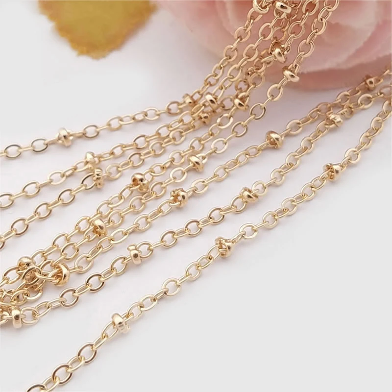 

2 meters width 2MM 24K Champagne Gold Color Plated Copper Flat O Shape chain with Station Beads Necklace Chains