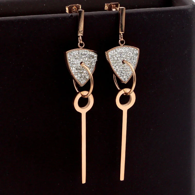 Full crystal triangle drop earrings for women aretes, fashion stainless steel key earing jewelry