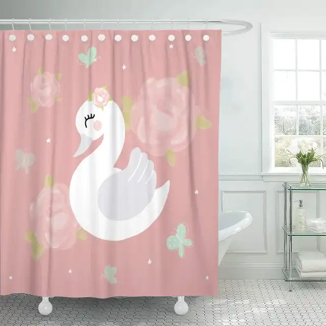 Shower Curtain With Hooks Pink Animal Swan Baby Girl Room