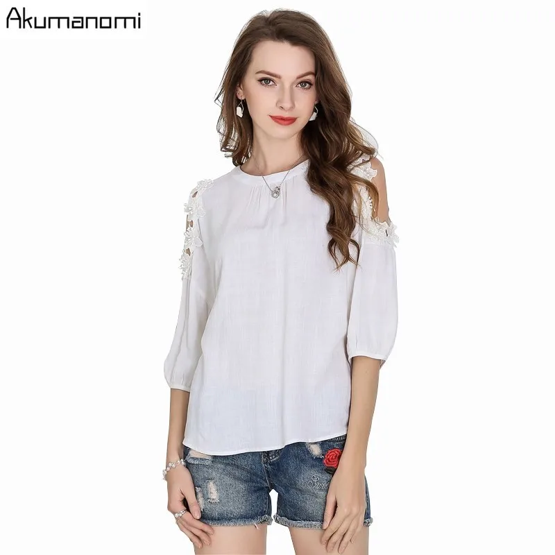 Summer Blouse Women Clothing White Lace Hollow Out Three Quarter Shirt