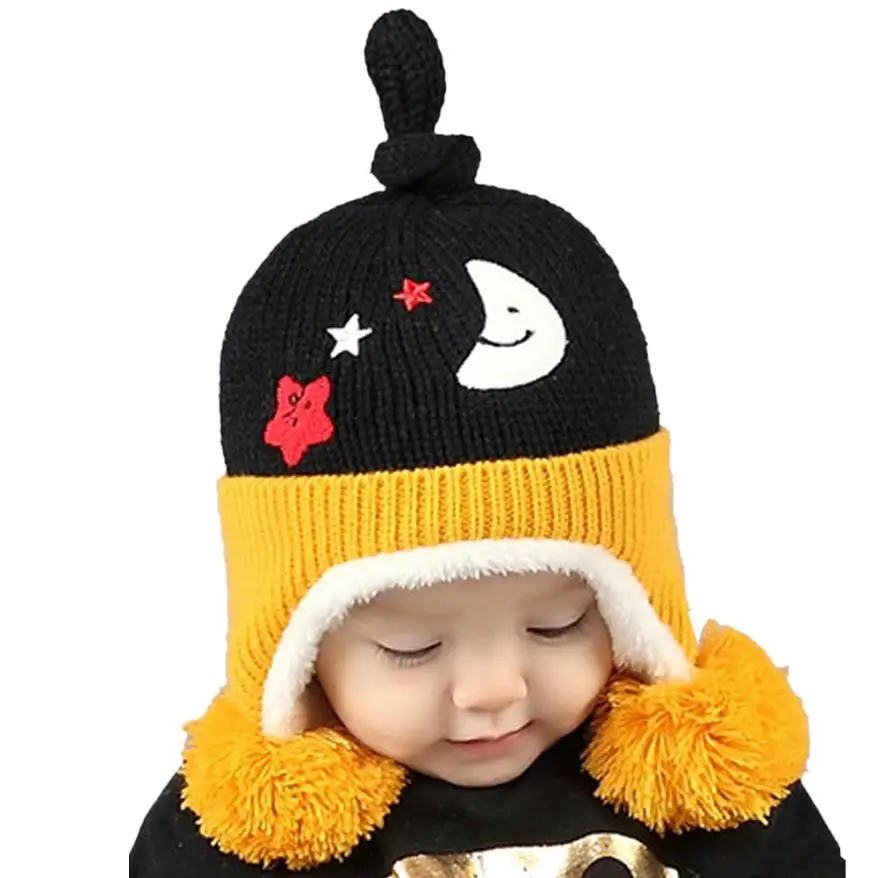 2018 Baby Accessories Stars Moon Printed Cartoon Knitted Winter Warm Cap Kids Hat Newborn Photography Props Fotografia | Детская одежда