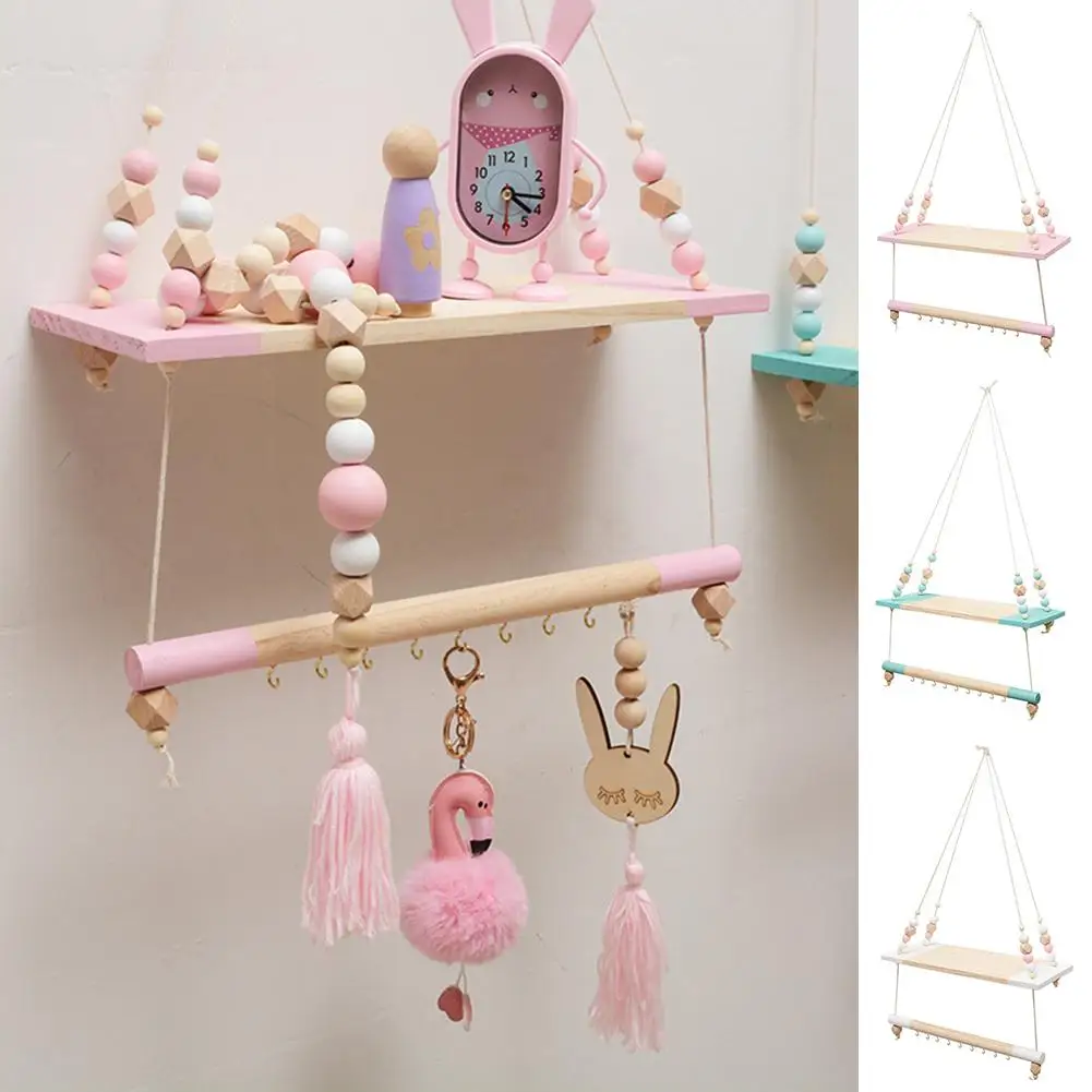 

Fashion Nordic Beads Wood Board Wall Shelf Hanging Storage Rack Shelf Kids Room Storage Organization Home Decor New