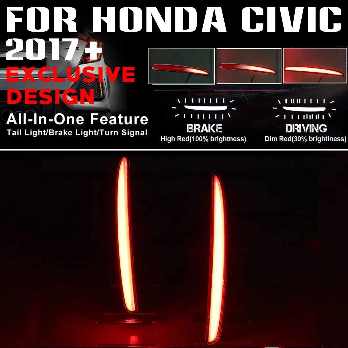 

For Honda for Civic Type R Hatchback 2017 2018 2019 Sequential Brake Light LED Reflector Lamp Rear Bumper Fog Lamp Turn Light