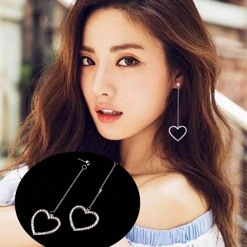 

E0381 Fashion Full Rhinestone Love Heart Drop Earrings For Women Girl Gold Silver Color Statement Earring Luxury Wedding Jewelry