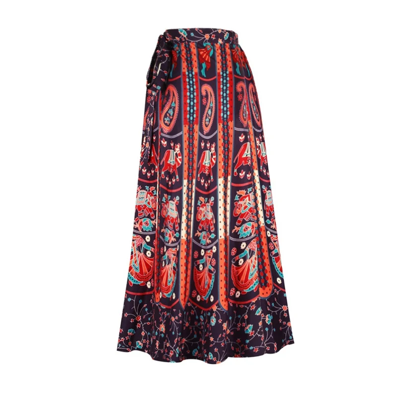 Женская юбка макси в богемном стиле, с цветочным принтом, элегантная, индийская, в этническом стиле, богемная, длинная, хиппи, пляжная юбка с поясом для женщин