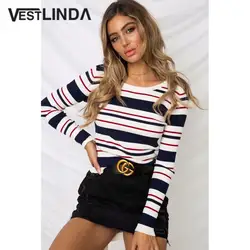 VESTLINDA эластичный свитеры для женщин круглый вырез горловины с длинным рукавом в полоску вязаный свитер для пуловер вязание 2018 осен