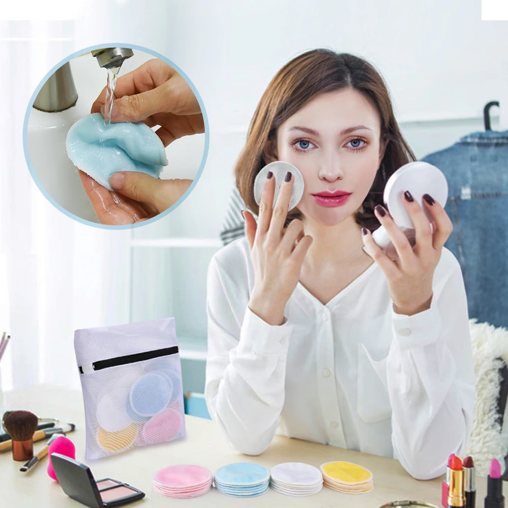 Tampon en coton en bambou lavable à 3 couches Tampons démaquillants réutilisables Tampons d'essuyage pour le visage Tampons de toner nettoyants pour la peau avec sac à linge (7)