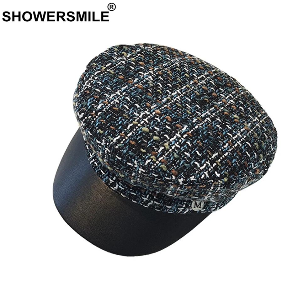 SHOWERSMILE, синяя газетная Кепка Newsboy, осенняя женская шапка художника, Женская Лоскутная клетчатая плоская кепка, Женская винтажная Повседневная шляпа моряка