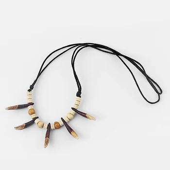 

1pcs Faux Yak Bone Brown Multiple Small Beads Wolf Tooth Teeth Pendant Neckalce Black Wax Cotton Cord