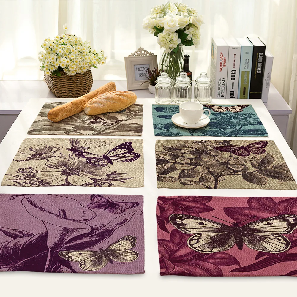 

Cartoon Animal Butterfly Pattern Table Mats Cotton Linen Placemats for Dinning Table Kitchen Accessories Decoration Home