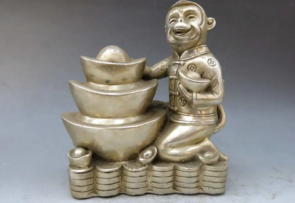 China silver bronze handwork carved beautiful Yuan Bao luck Monkey Sculpture Statuein Statues
