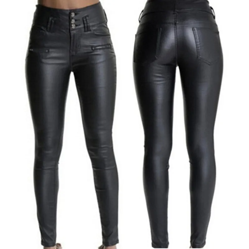 

Spring autumn women PU leather trousers 2018 fashion Splice Tight pants High waist trousers Plus size Sexy female leather pants