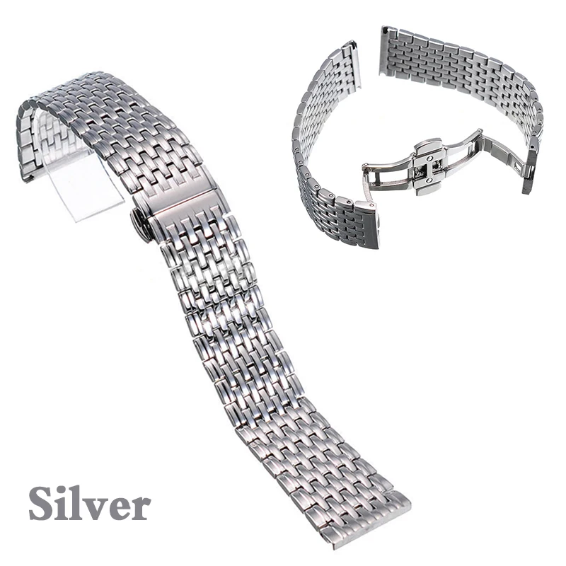 20 22mm Stainless Steel Wrist Watch Band Strap Silver Rose Gold Double Butterfly Clasp Buckle Bracelet For Men Women Relojes
