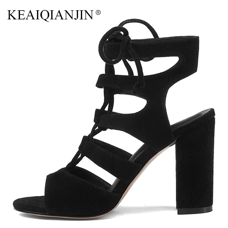 

KEAIQIANJIN Woman Summer Beige Gladiator Peep Toe Sandals Fashion Black High Heels Shoes Genuine Leather Open Toe Casual Sandals