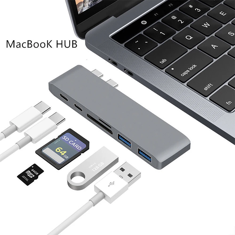 Dual Type C HUB USB Adapter 6 in 1 Charger Card Reader USB Hub 3.0 Type-C Charging hub Converter For Macbook Pro Mac PC Laptop