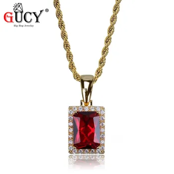 

GUCY Hip Hop Big Red Stone Pendant Necklace All Iced Out Micro Pave CZ Stones Rectangle Pendants Necklaces for Men Women