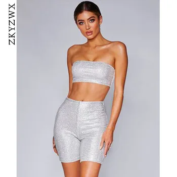 

ZKYZWX Shiny Sequined Two Piece Set Off Shoulder Crop Tops+Pants Suit Summer Womens Outfits Sexy Party Night Club Matching Sets