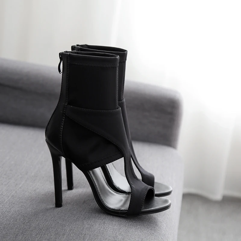 

JINJOE winter Shoes Women Sandals Sexy Thin High Heels Gladiator Sandals Female Flock Ankle shoes Stretch Fabric pumps boots