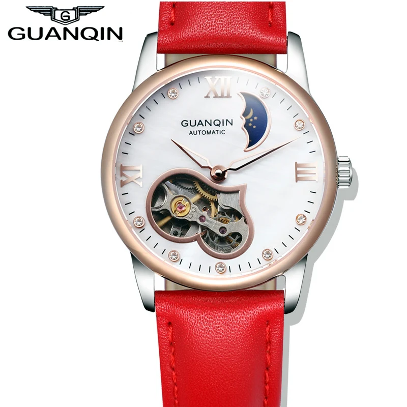 font b Women b font Watches GUANQIN Brand Luxury Fashion Felojes Gold Leather Moon Phase